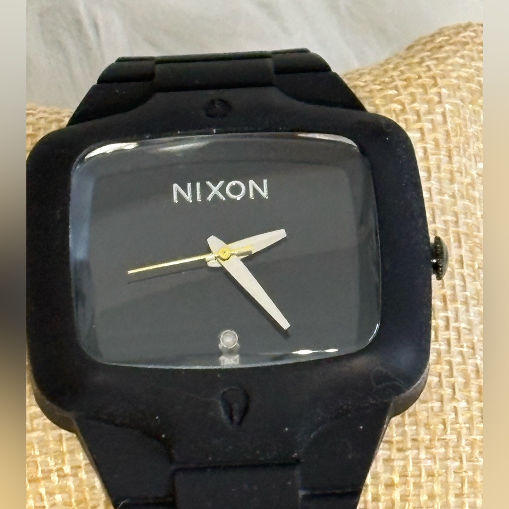 Nixon Black Square Silicone Watch With White Hands And Gold Second Hand